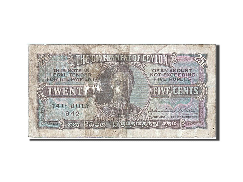 Ceylon, 25 Cents, 1942, KM #44a, 1942-07-14, VG(8-10), A/44 838940