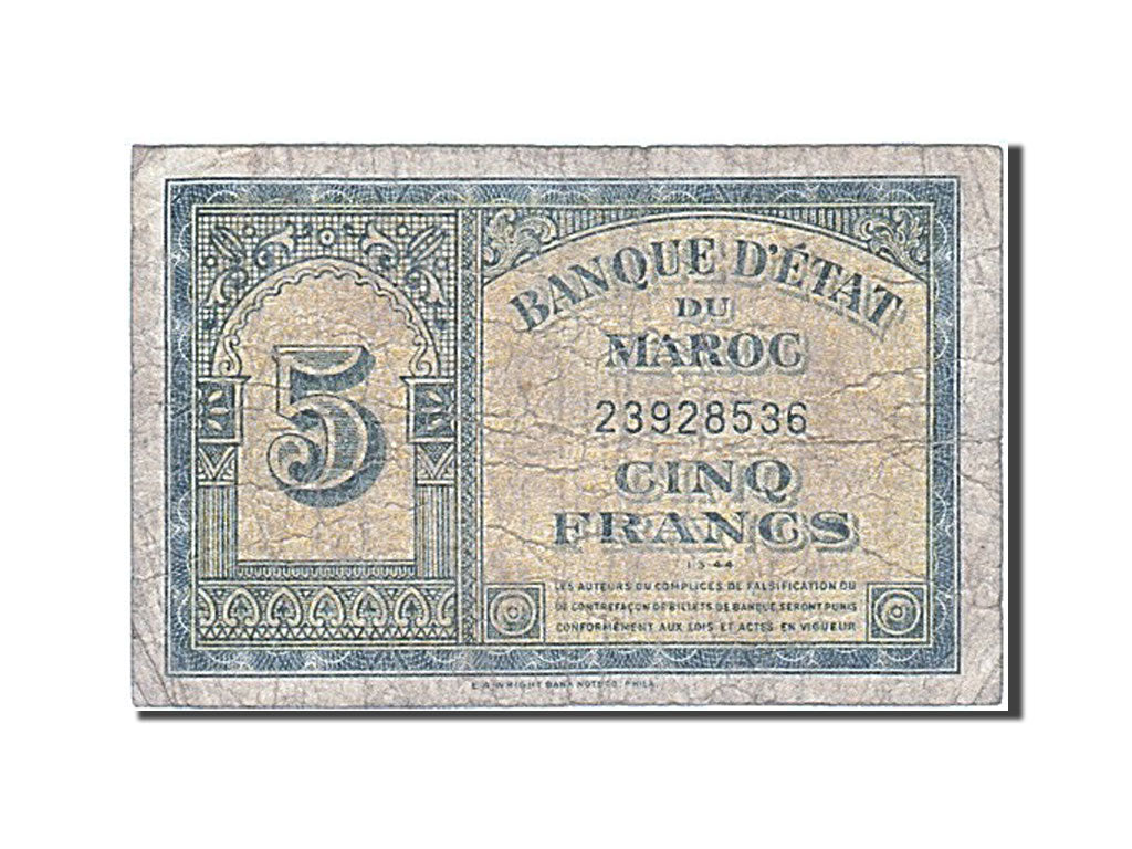 Morocco, 5 Francs, 1944, KM #24, 1944-03-01, VG(8-10), 23928536