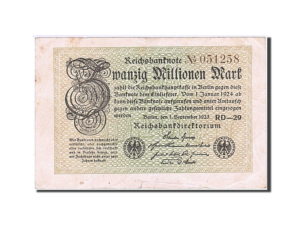 Germany, 20 Millionen Mark, 1923, KM #108b, AU(50-53), 051258