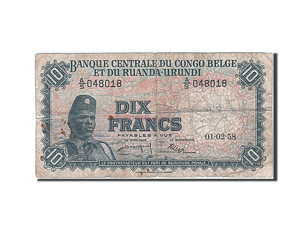 Belgian Congo, 10 Francs, 1958, 1958-02-01, VG(8-10)