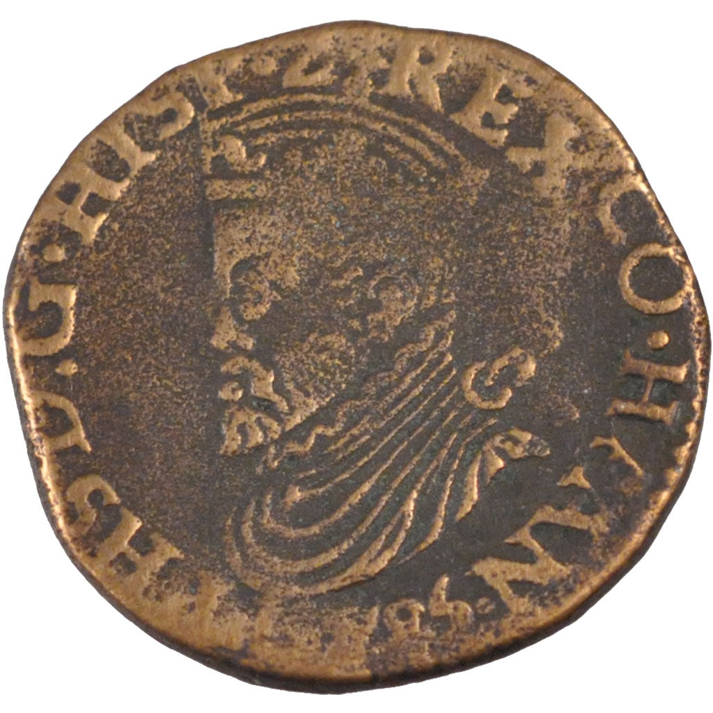 FRANCE, Liard, 1585, Mons, VF(20-25), Copper, Boudeau #2152, 5.43