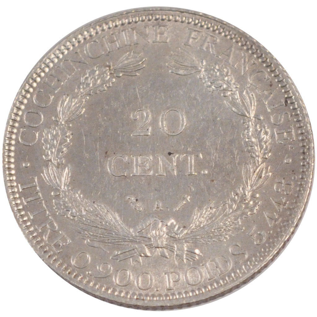FRENCH COCHIN CHINA, 20 Cents, 1884, Paris, KM #5, AU(55-58), Silver, Lecompte..
