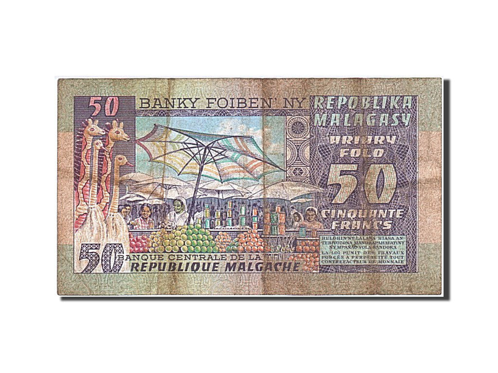 Madagascar, 50 Francs = 10 Ariary, KM #62a, VF(20-25), A/59 687150