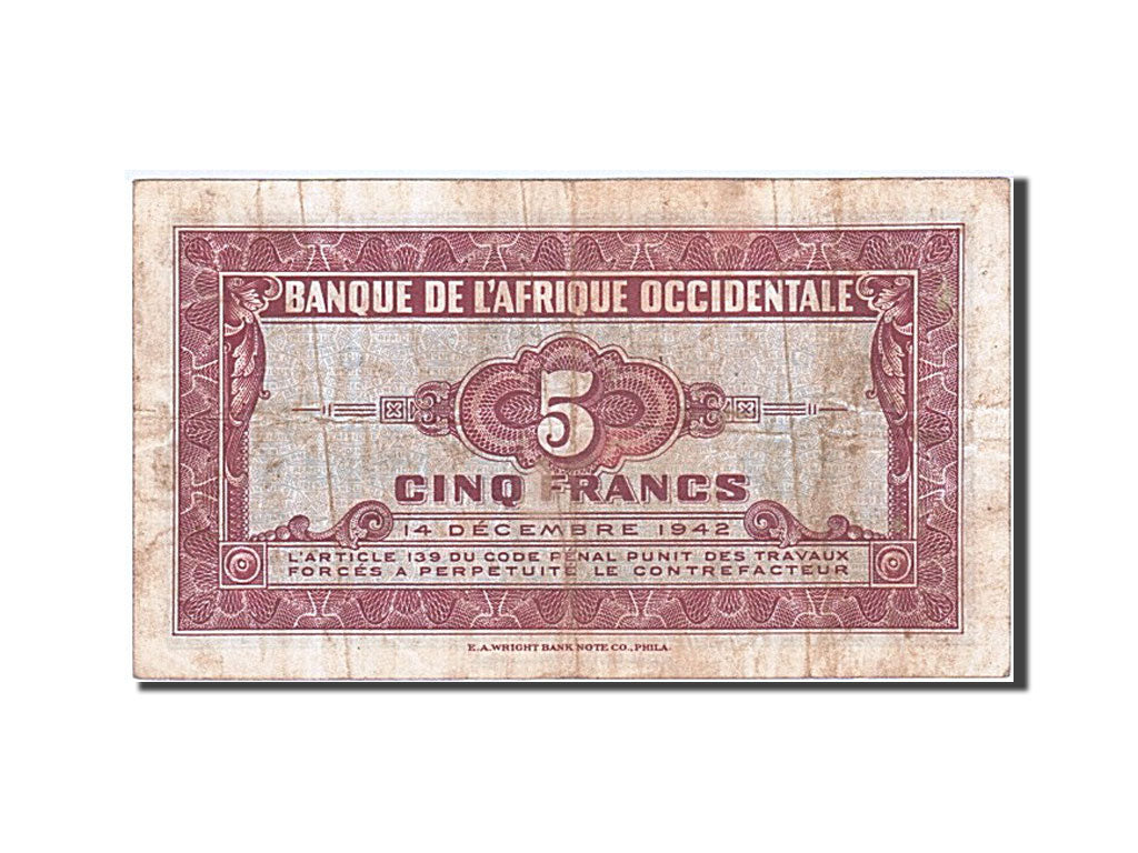 French West Africa, 5 Francs, 1942, KM #28a, 1942-12-14, VF(20-25), O 0083006