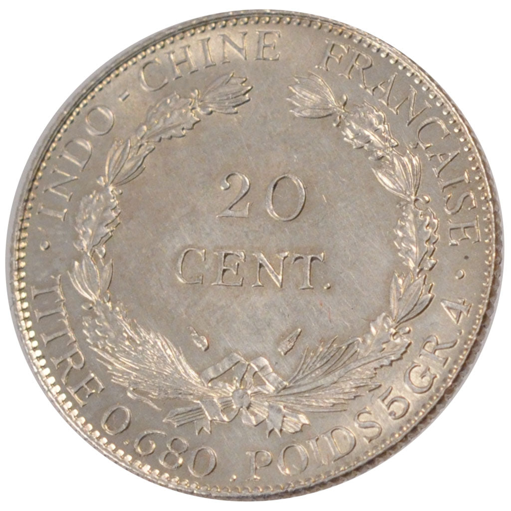 FRENCH INDO-CHINA, 20 Cents, 1937, Paris, KM #17.2, MS(60-62), Silver, Lecompte.