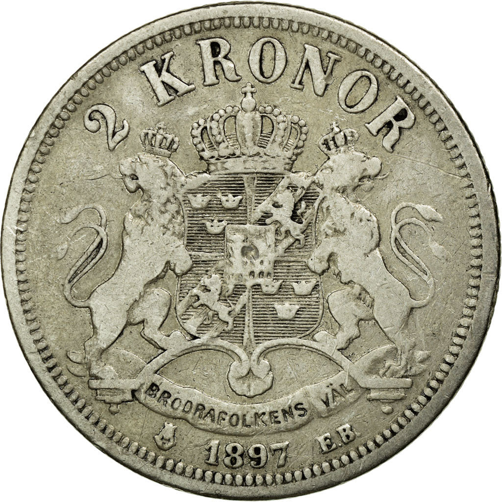 Coin, Sweden, Oscar II, 2 Kronor, 1897, VF(30-35), Silver, KM:761