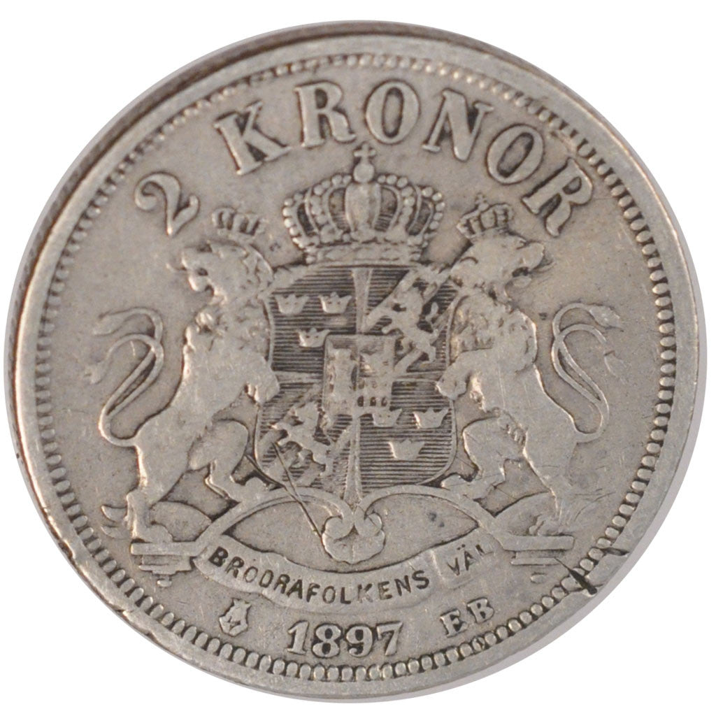 SWEDEN, 2 Kronor, 1897, KM #761, VF(20-25), Silver, 31, 14.78