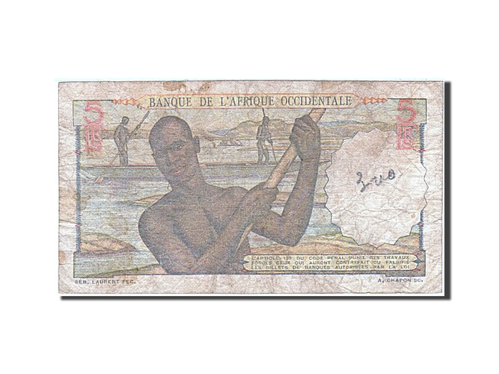 French West Africa, 5 Francs, 1954, KM #36, 1954-10-20, VF(20-25), N.196 49043