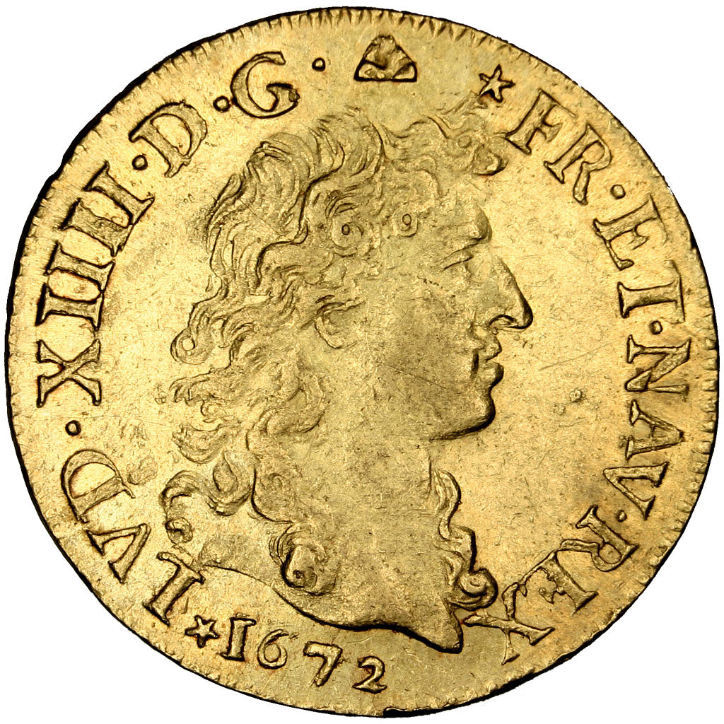 FRANCE, Louis d'or à la tête nue, Louis D'or, 1672, Lyon, KM #219.3, AU(55-58), 