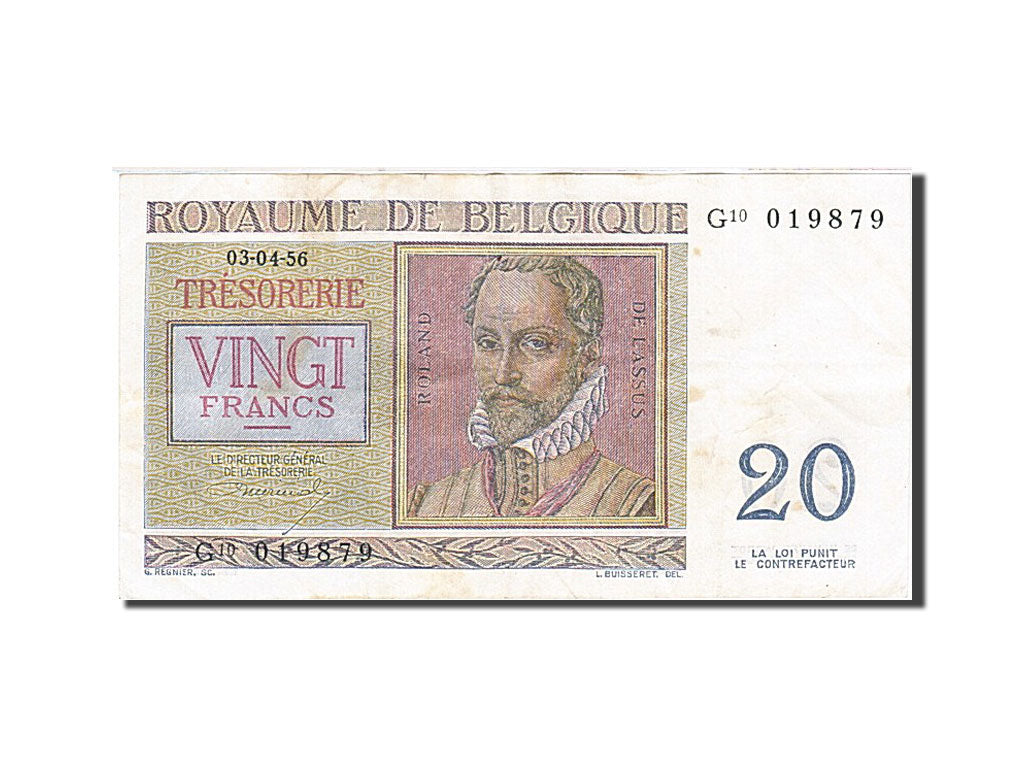 Belgium, 20 Francs, 1950-1956, KM:132b, 1956-04-03, AU(55-58)