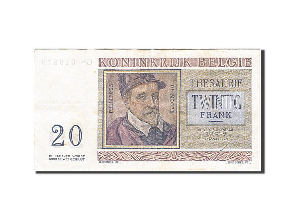 Belgium, 20 Francs, 1950-1956, KM:132b, 1956-04-03, AU(55-58)