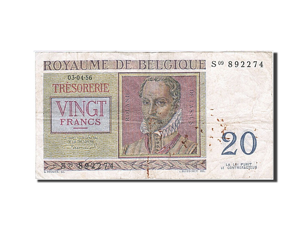 Banknote, Belgium, 20 Francs, 1950-1956, 1956-04-03, KM:132b, EF(40-45)
