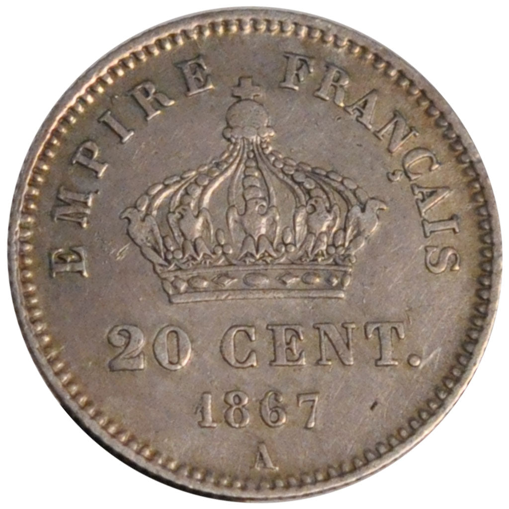 FRANCE, Napoléon III, 20 Centimes, 1867, Paris, KM #808.1, AU(55-58), Silver, G.