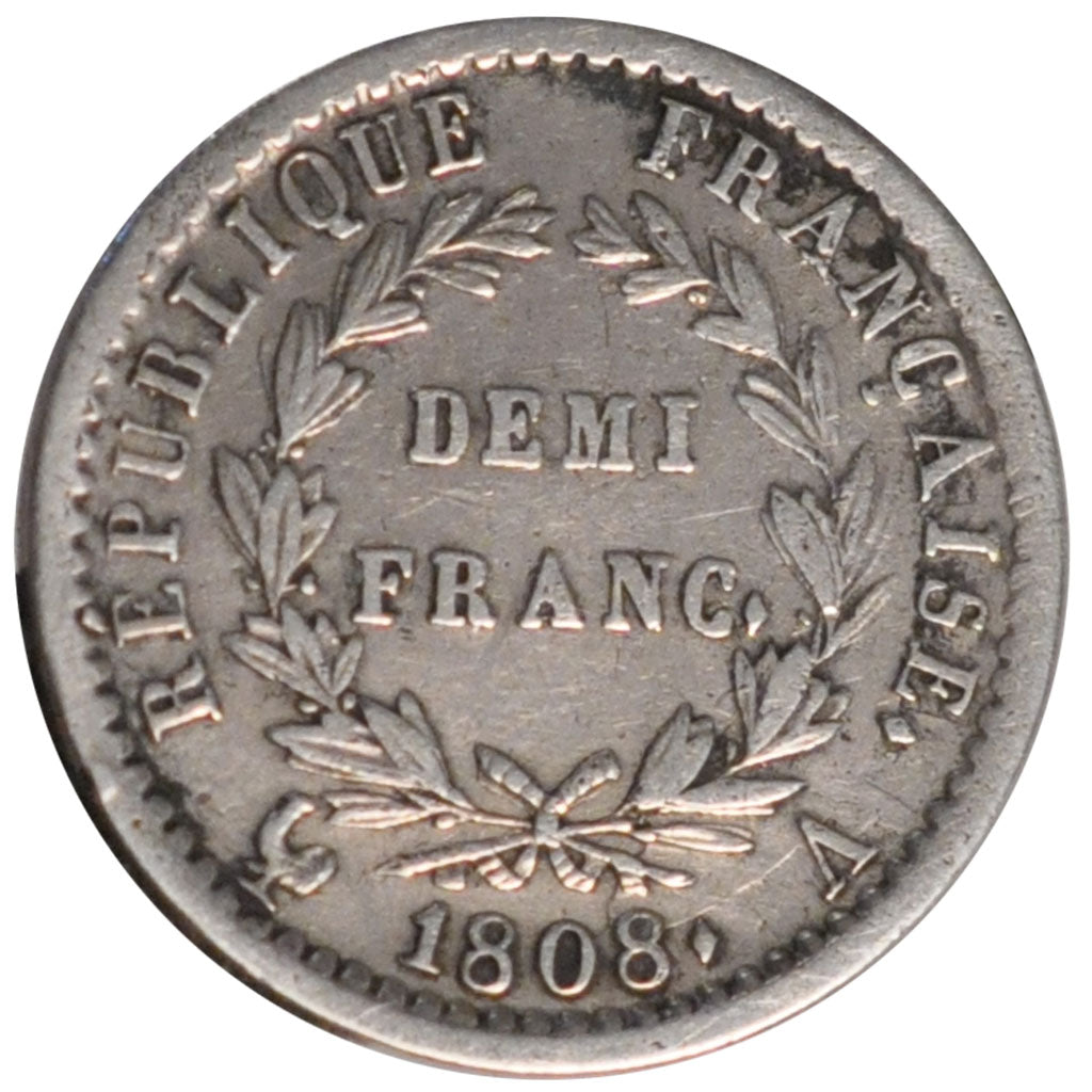 FRANCE, Napoléon I, 1/2 Franc, 1808, Paris, KM #680.1, EF(40-45), Silver, Gadour
