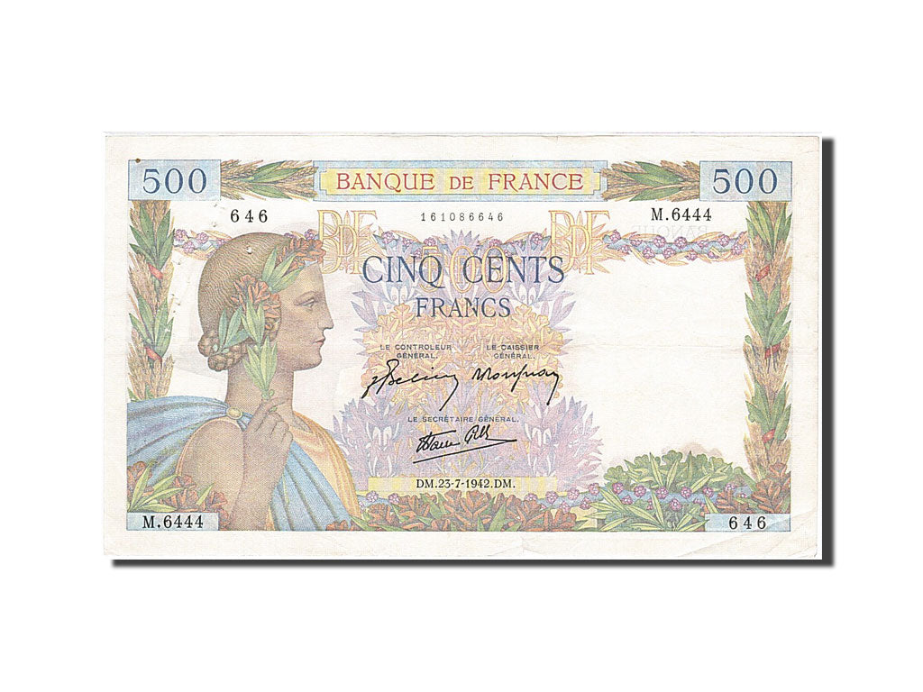 France, 500 Francs, 1939, KM:95b, 1942-07-23, EF(40-45), Fayette:32.38