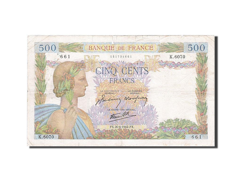 Frankreich, 500 Francs, 1939, KM:95b, 1942-06-20, VF(20-25), Fayette:32.35