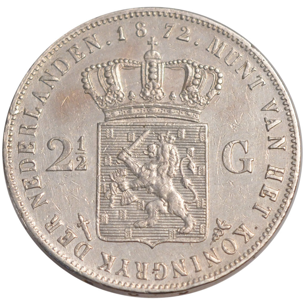 NETHERLANDS, 2-1/2 Gulden, 1872, KM #82, AU(50-53), Silver, 38, 24.86