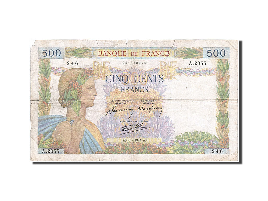 France, 500 Francs, 1939, KM:95b, 1941-02-06, VG(8-10), tape, Fayette:32.14