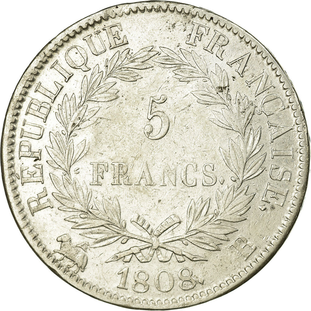 Moneda, Francia, Napoléon I, 5 Francs, 1808, Rouen, MBC+, Plata, Gadoury:583