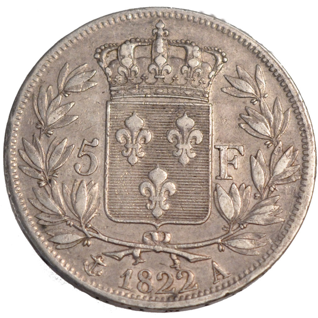 FRANCE, Louis XVIII, 5 Francs, 1822, Paris, KM #711.1, EF(40-45), Silver,...