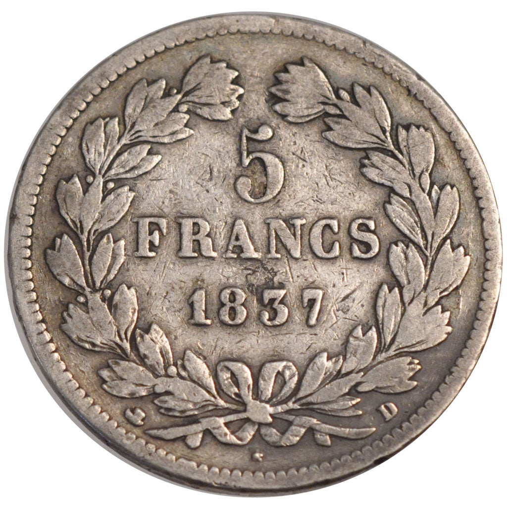 FRANCE, Louis-Philippe, 5 Francs, 1837, Lyon, KM #749.4, VF(20-25), Silver,...