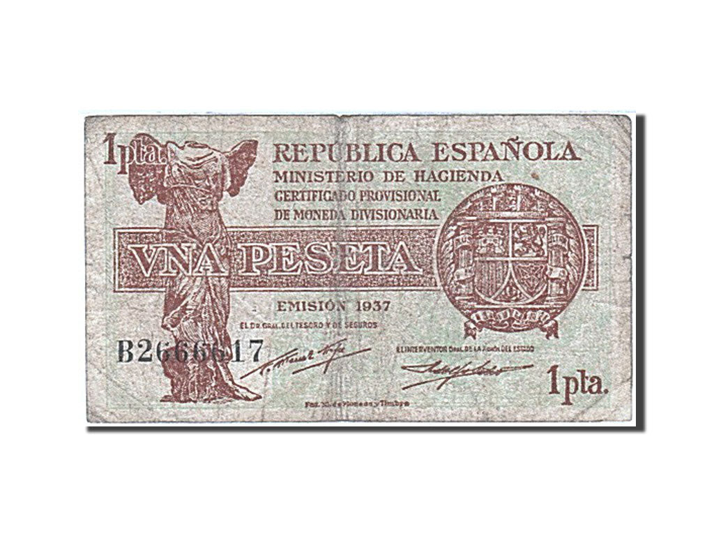 Spain, 1 Peseta, 1937-1938, KM:94, 1937, VF(30-35)