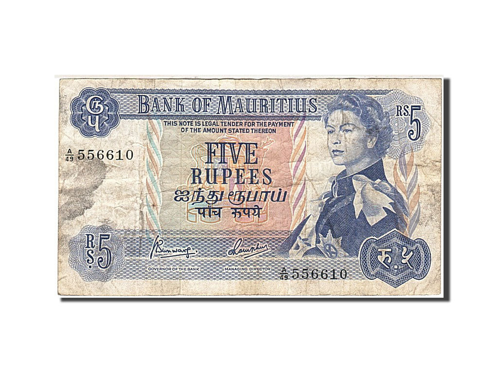Mauritius, 5 Rupees, 1967, Undated, KM:30c, VF(20-25)
