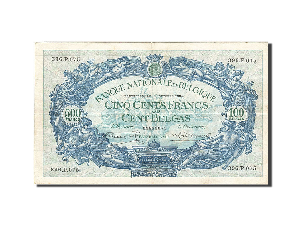 Belgium, 500 Francs-100 Belgas, 1927-1929, KM:103a, 1934-10-08, EF(40-45)