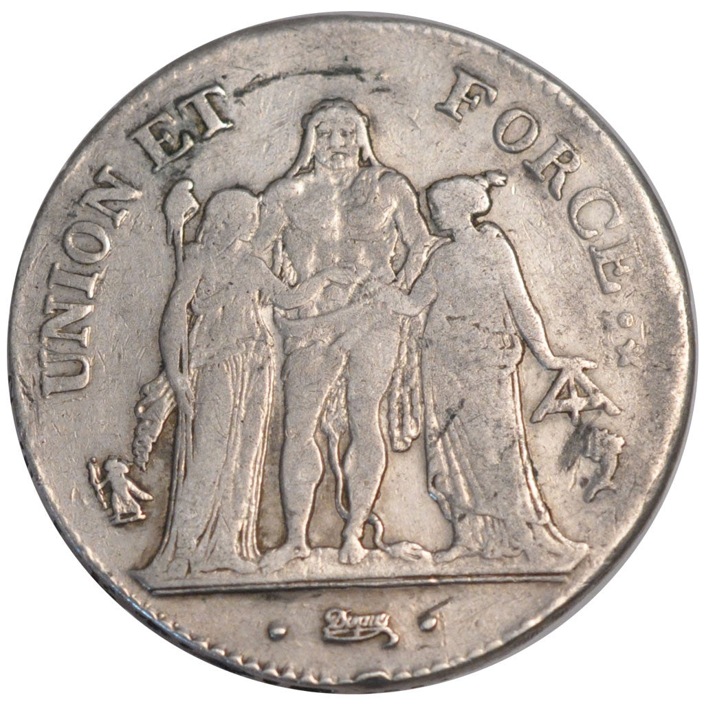 FRANCE, Union et Force, 5 Francs, 1796, Paris, KM #639.1, VF(20-25), Silver,...