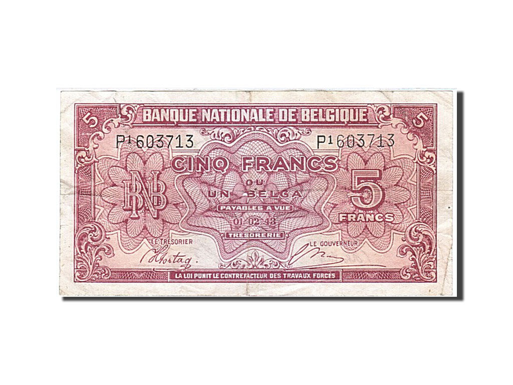 Banknote, Belgium, 5 Francs-1 Belga, 1943-1945, 1943-02-01, KM:121, EF(40-45)