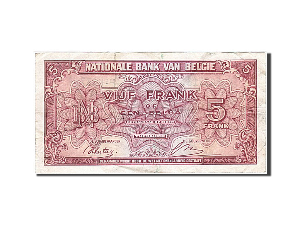 Banknote, Belgium, 5 Francs-1 Belga, 1943-1945, 1943-02-01, KM:121, EF(40-45)