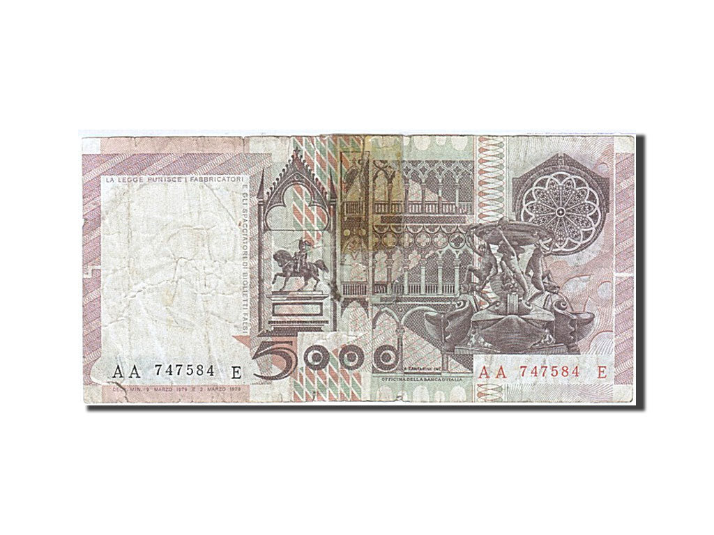 Italy, 5000 Lire, 1976-1979, KM:105a, 1979-03-09, VF(20-25)