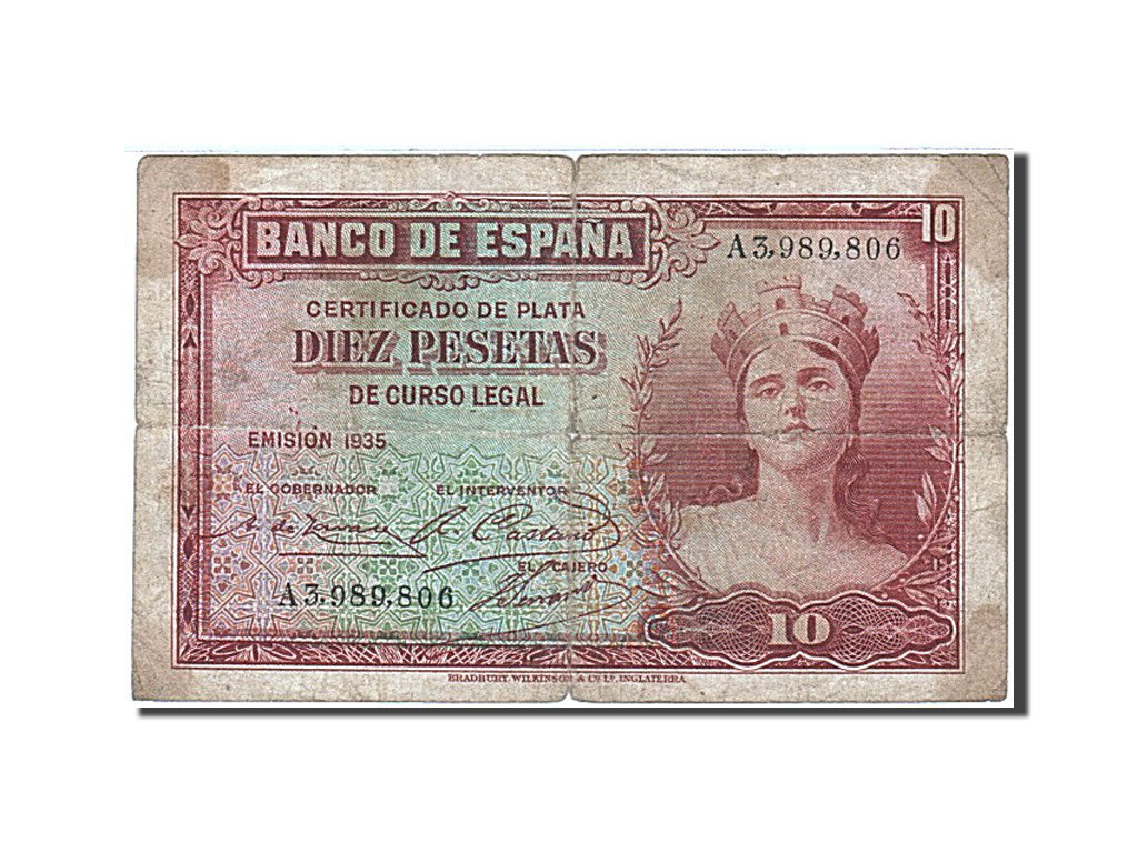 Spain, 10 Pesetas, 1935-1936, KM:86a, 1935, F(12-15)