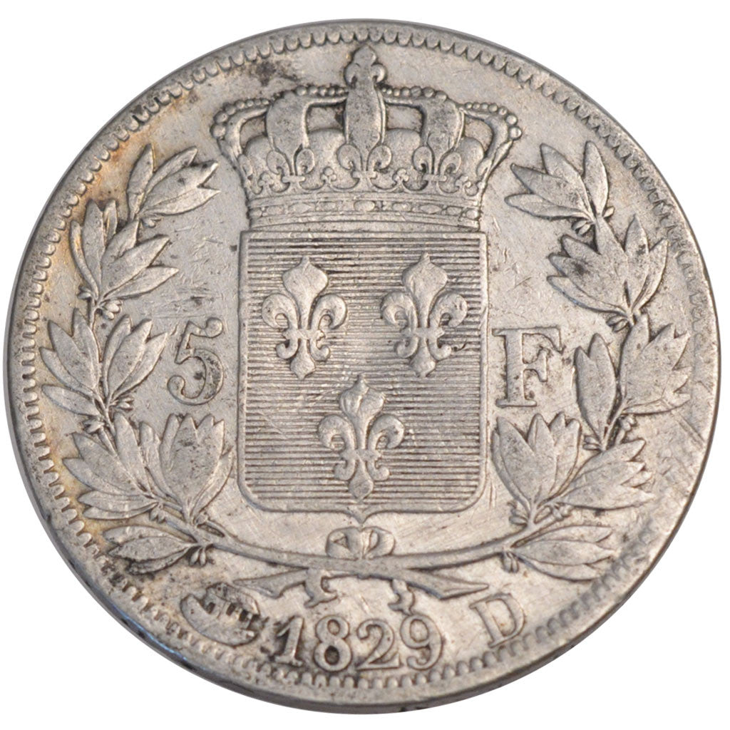 FRANCE, Charles X, 5 Francs, 1829, Lyon, KM #728.4, VF(30-35), Silver, Gadoury..