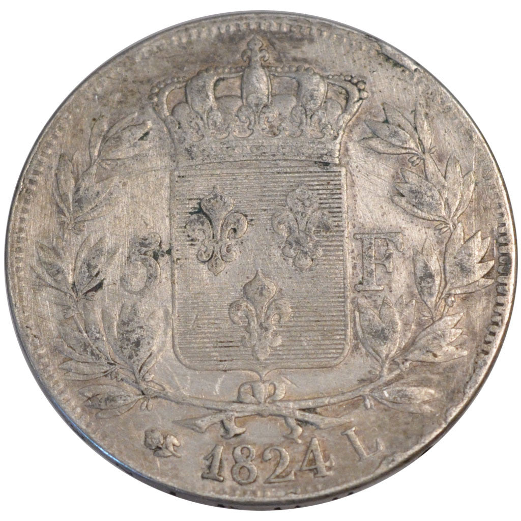 FRANCE, Louis XVIII, 5 Francs, 1824, Bayonne, KM #711.8, VF(20-25), Silver,...