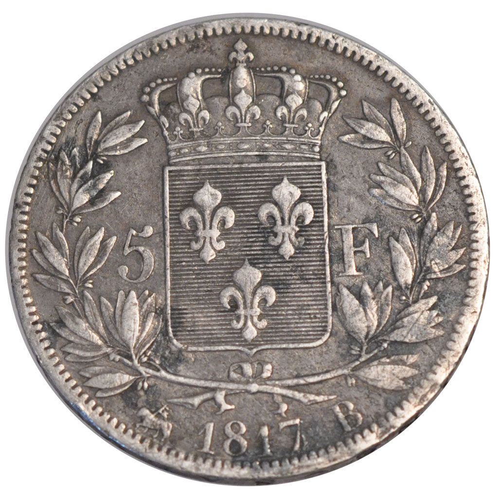 FRANCE, Louis XVIII, 5 Francs, 1817, Rouen, KM #711.2, VF(20-25), Silver,...