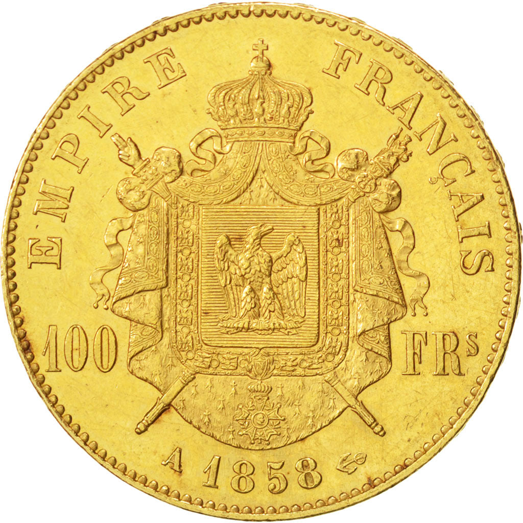 FRANCE, Napoléon III, 100 Francs, 1858, Paris, KM #786.1, AU(55-58), Gold, G...