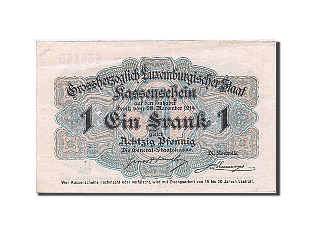 Banknote, Luxembourg, 1 Frank = 80 Pfennig, 1914, 1914-11-28, KM:21, EF(40-45)