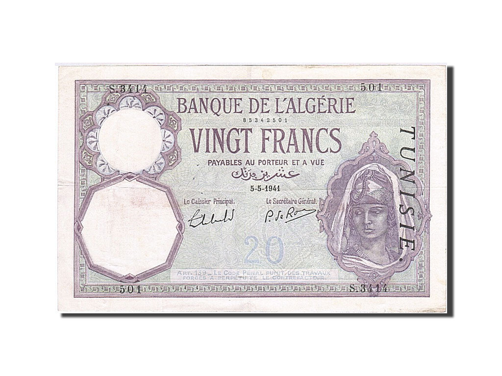 Algeria, 20 Francs, 1942-1945, KM:92a, 1941-05-05, EF(40-45)