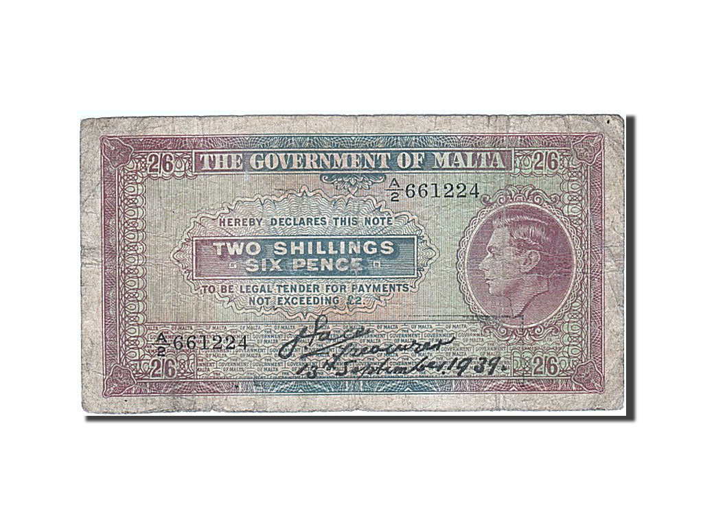 Malta, 2 Shillings 6 Pence, 1940, KM:18, Undated (1940), VF(20-25)