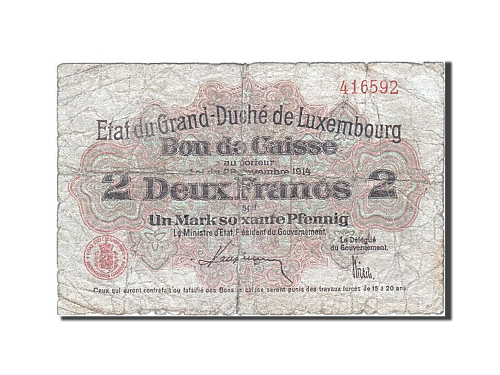 Billet, Luxembourg, 2 Franken = 1 Mark 60 Pfennig, 1914, 1914, KM:22, B