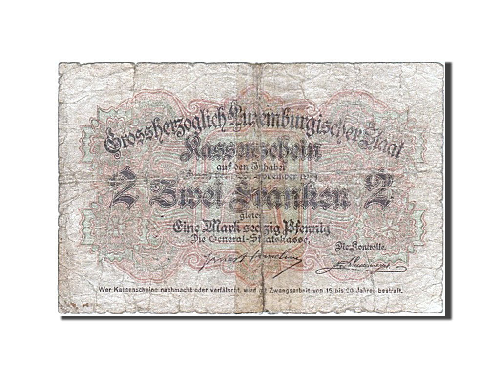 Billet, Luxembourg, 2 Franken = 1 Mark 60 Pfennig, 1914, 1914, KM:22, B