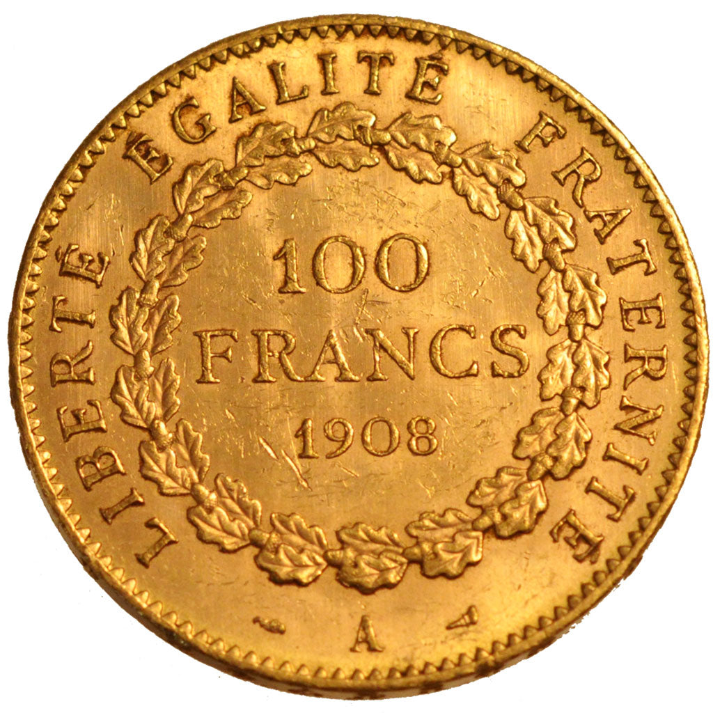 FRANCE, 100 Francs, 1908, Paris, KM #858, AU(55-58), Gold, Gadoury #1137a, 32.26