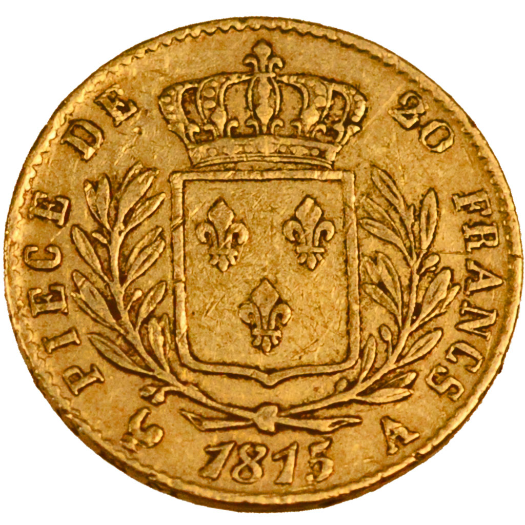FRANCE, Louis XVIII, 20 Francs, 1815, Paris, KM #706.1, VF(30-35), Gold,...