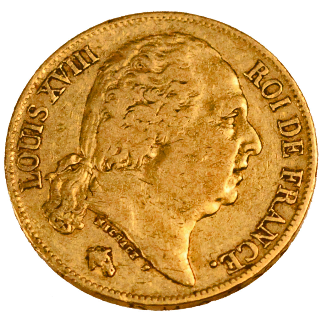 FRANCE, Louis XVIII, 20 Francs, 1824, Paris, KM #712.1, VF(20-25), Gold,...