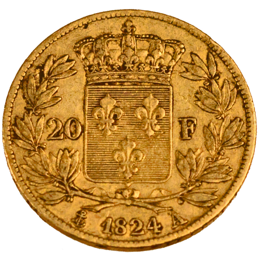 FRANCE, Louis XVIII, 20 Francs, 1824, Paris, KM #712.1, VF(20-25), Gold,...