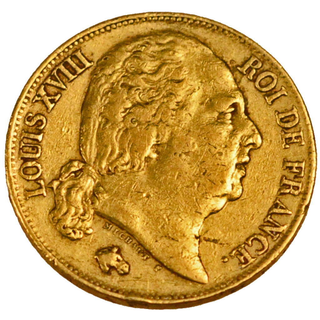 FRANCE, Louis XVIII, 20 Francs, 1817, Perpignan, KM #712.7, EF(40-45), Gold,...