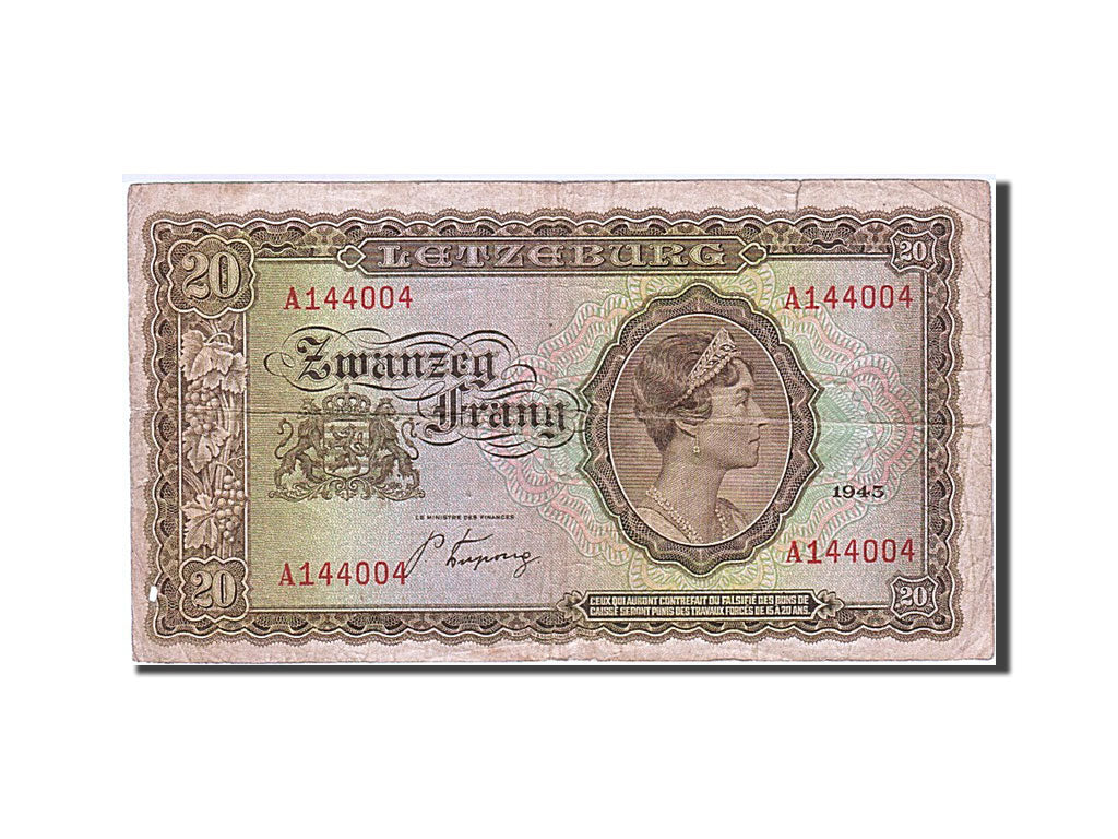 Luxembourg, 20 Frang, 1943, KM:42a, 1943, VF(20-25)