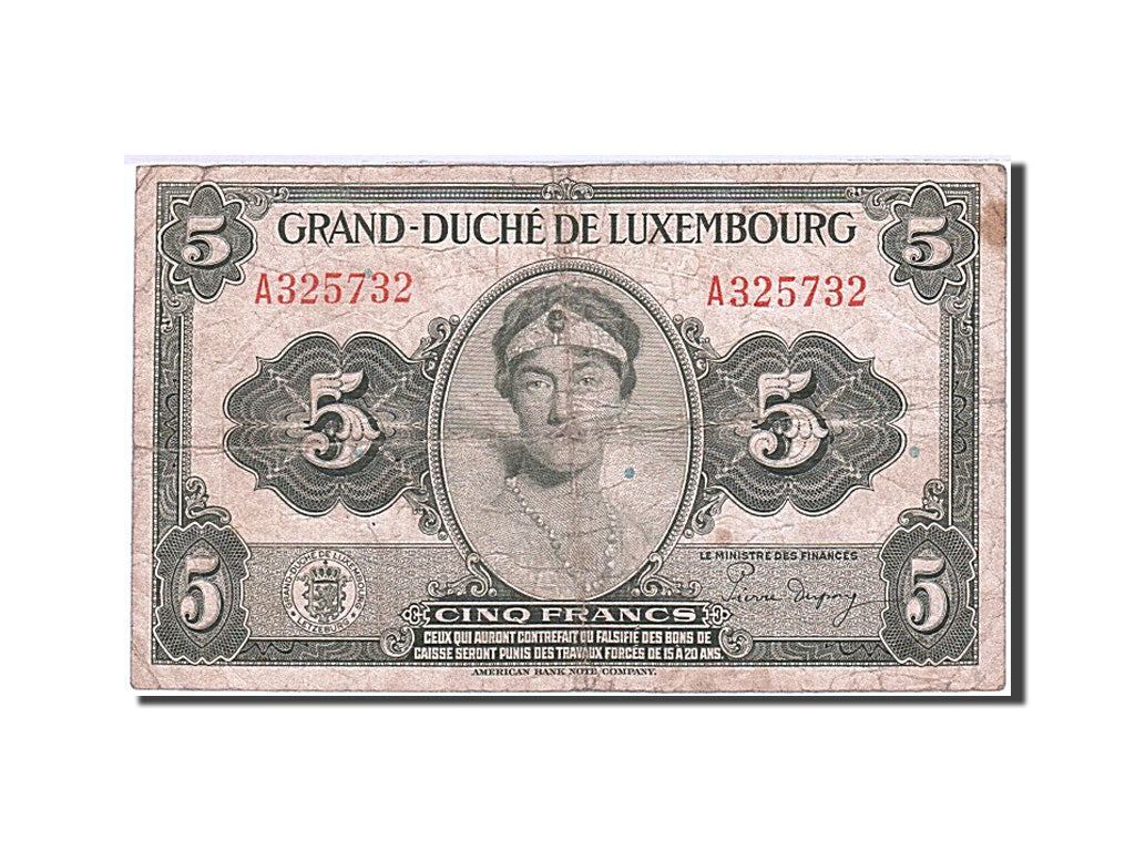 Luxembourg, 5 Francs, 1944, KM:43b, Undated (1944), TB