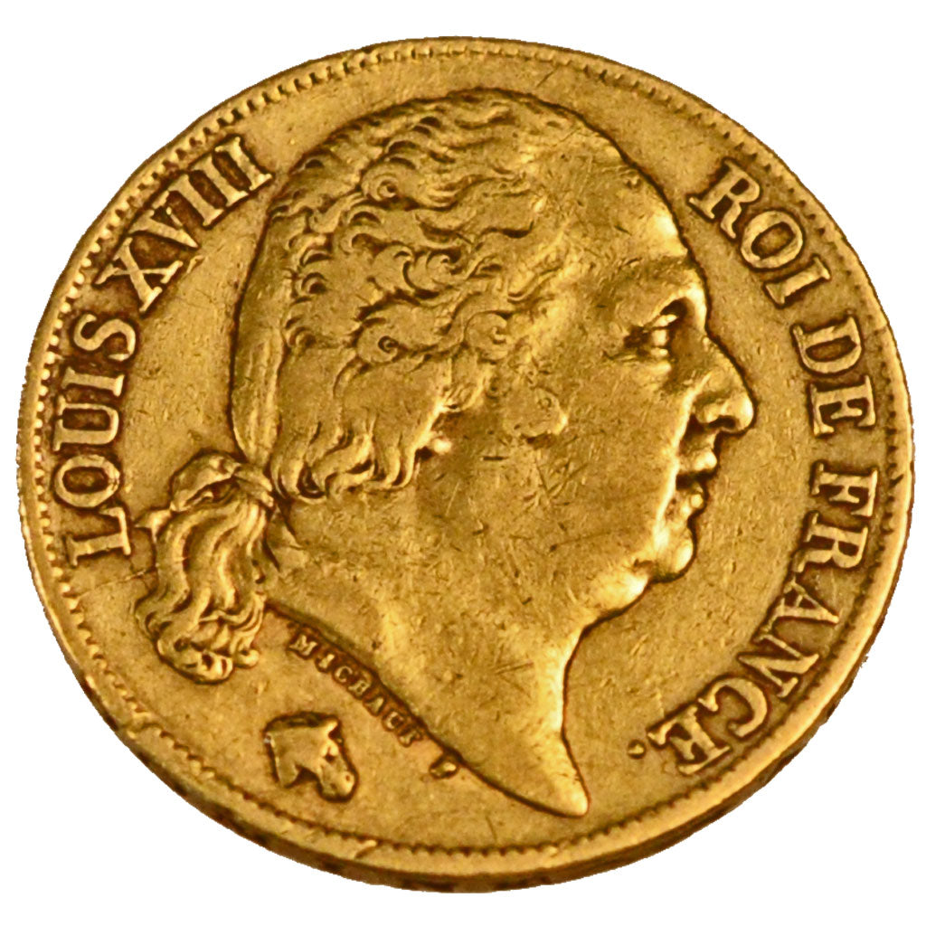 FRANCE, Louis XVIII, 20 Francs, 1818, Paris, KM #712.1, EF(40-45), Gold,...